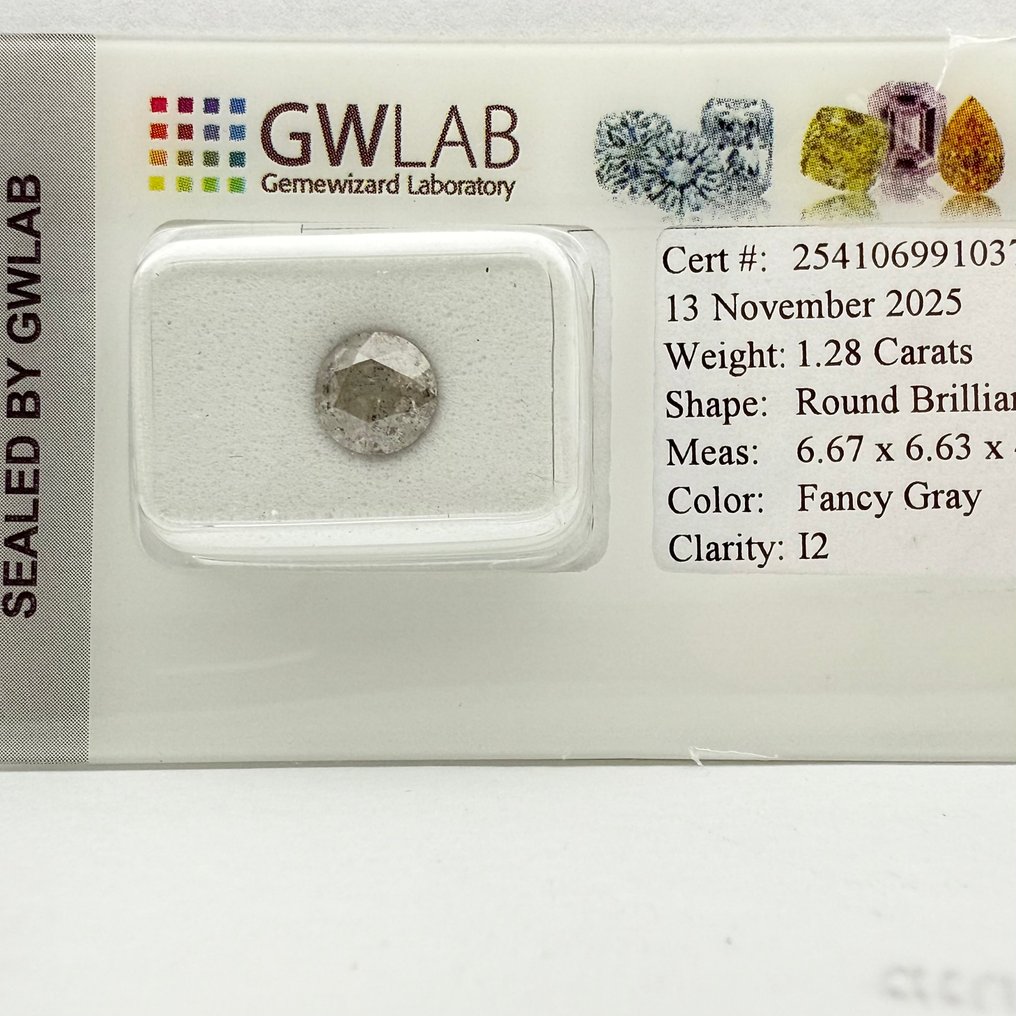 No Reserve Price - 1 pcs Diamond  (Natural coloured)  - 1.28 ct - Round - Fancy Grey - I2 - Gemewizard Gemological Laboratory (GWLab) #1.0