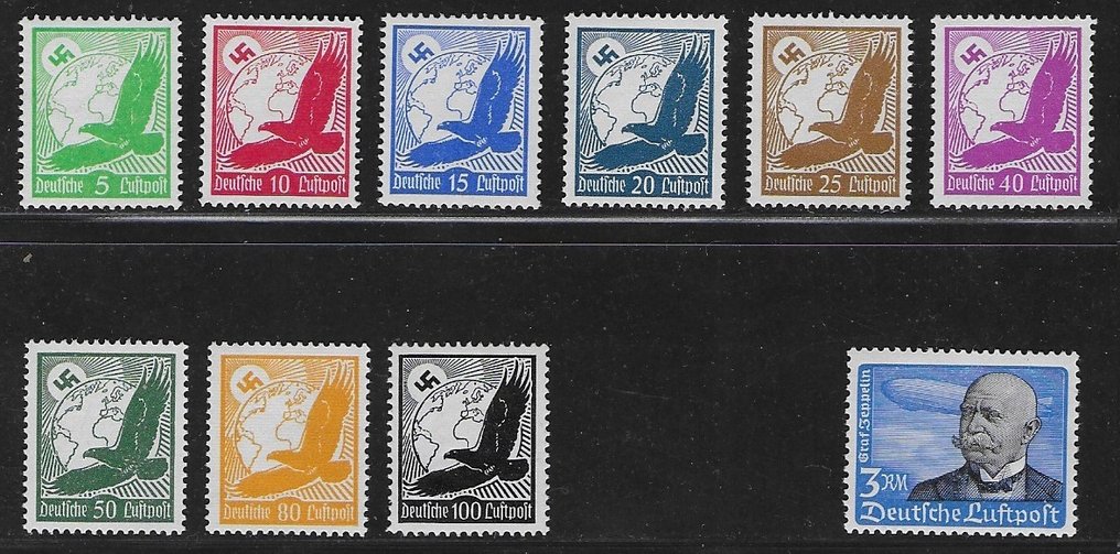 Cesarstwo Niemieckie 1934 - Lilienthal i Zeppelin Flugpost, y-types. - Michel 529y / 537y and 539y #1.0