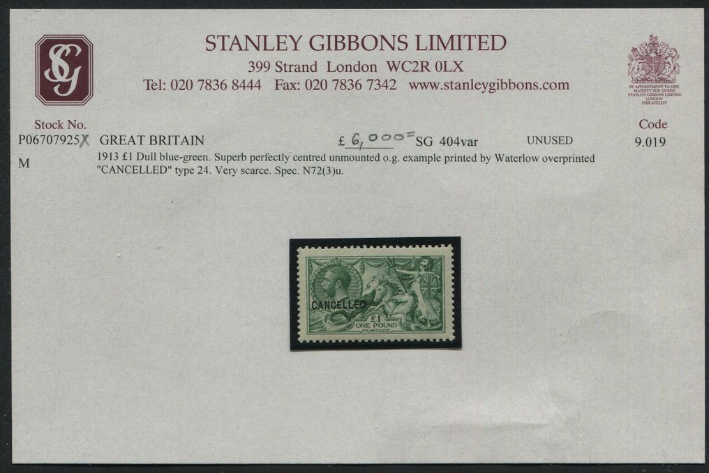 大不列顛 1913 - £1 暗淡的蓝绿色叠印 已取消 - Stanley Gibbons nr 404var #2.1