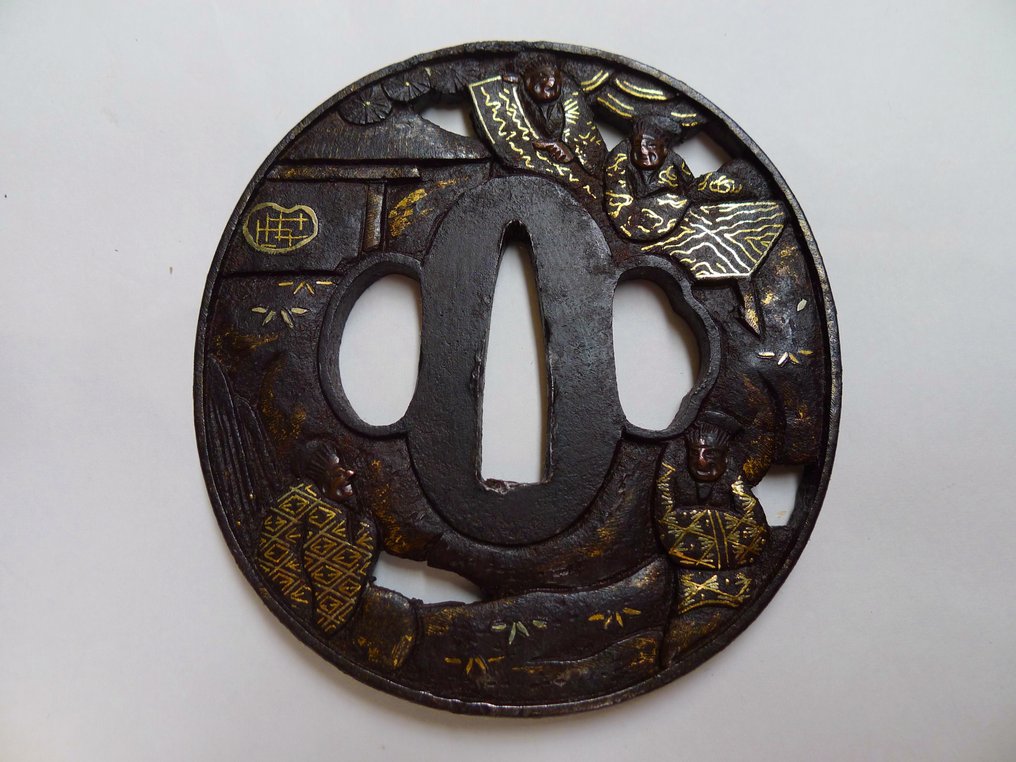 Bellissimo tsuba motif di sacerdote samurai Shoten4 con scatola. - Giappone #1.0