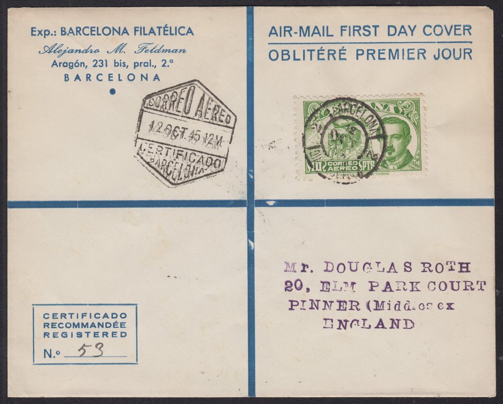 Espagne 1945 - Comte de San Luis. 10 pesetas, vert jaunâtre. - Edifil 990 #1.0