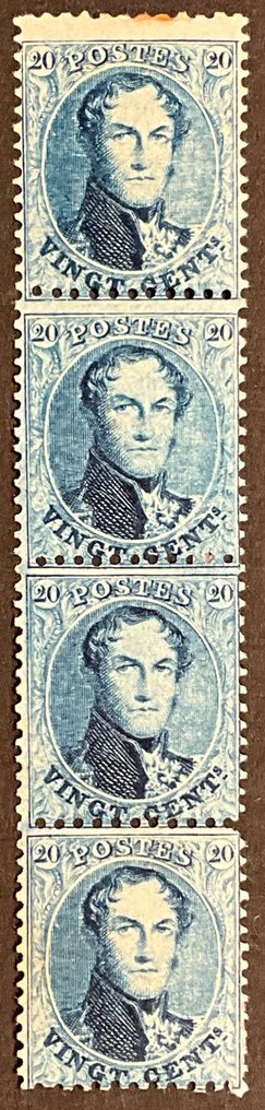 Βέλγιο 1863 - Getande μενταγιόν - 20c ΣΚΟΥΡΟΜΠΛΕ - Tanding 12 1/2 x 13 1/2 - σε λωρίδα των 4 - OBP/COB 15A #1.0