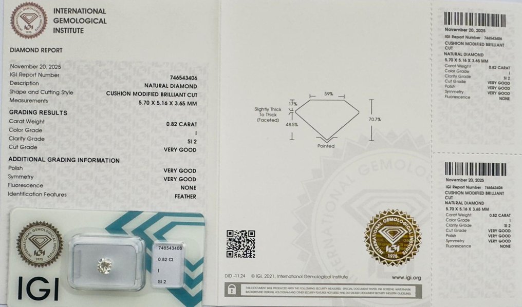 χωρίς τιμή ασφαλείας - 1 pcs Διαμάντι  (Φυσικό)  - 0.82 ct - Κούσιον - I - SI2 - International Gemological Institute (IGI) - *VG None* #3.2