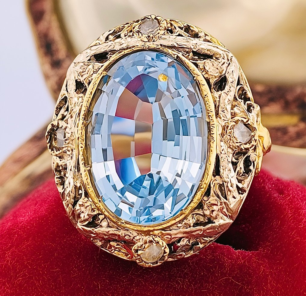 Nincs minimálár - Gyűrű - 9 Kt Sárga arany, Ezüst Akvamarin - Gyémánt #2.1