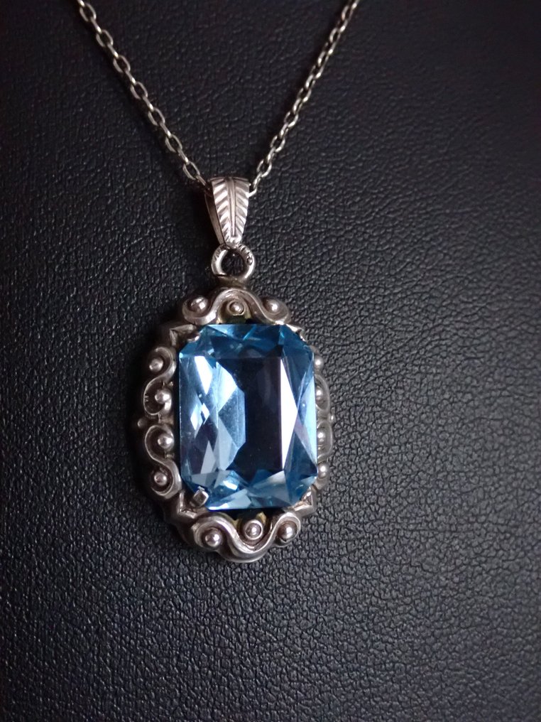 Argint - Colier cu pandantiv - Art Deco Safir Albastru #1.0