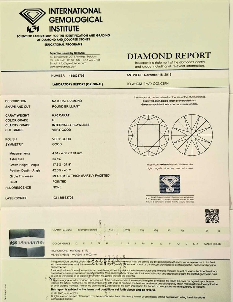 χωρίς τιμή ασφαλείας - 1 pcs Διαμάντι (Φυσικό) - 0.40 ct - Στρογγυλό - H - IF - International Gemological Institute (IGI) #2.1