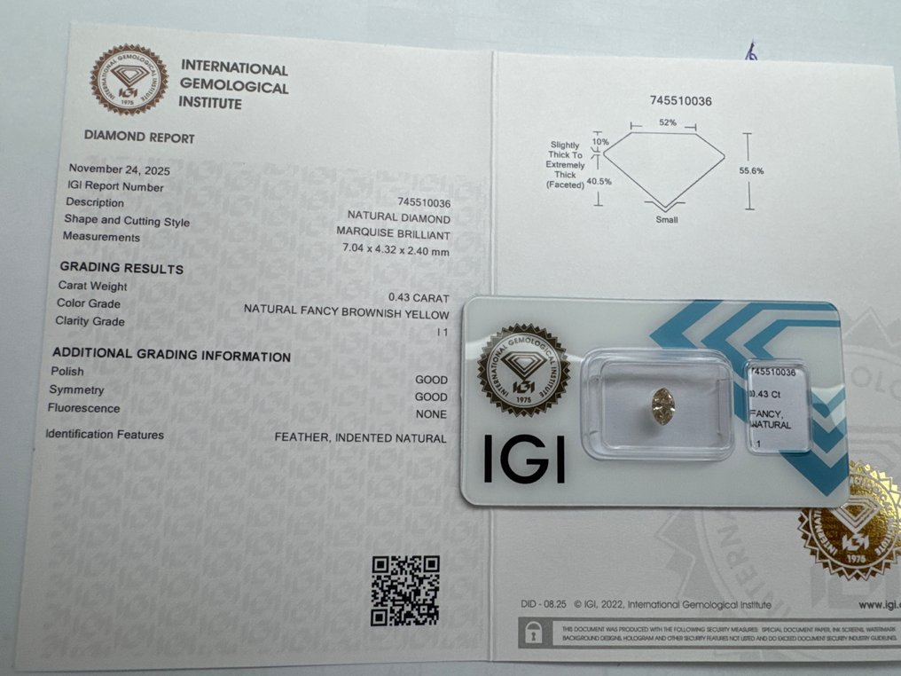 沒有保留價 - 1 pcs 鑽石 (天然彩色) - 0.43 ct - 欖尖形 - Fancy 淡褐色, 黃色 - I1 - 國際寶石學院(International Gemological Institute (IGI)) #2.1