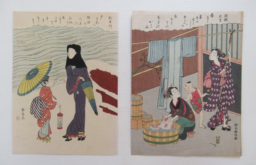 Poem by Jitô Tennô(R), and Poem by Ki no Tomonori, from an untitled series of Thirty-six Poetic - Suzuki Harunobu - 日本 #1.0