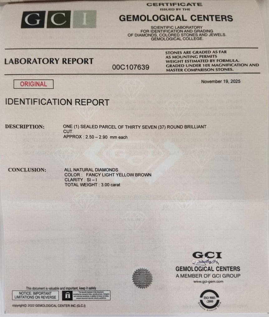 No reserve price - 37 pcs Diamond (Natural coloured) - 3.00 ct - Round - Fancy light Yellow Brown - I1, SI1 - Gemmological Centre Israel (G.C.I.) #2.1