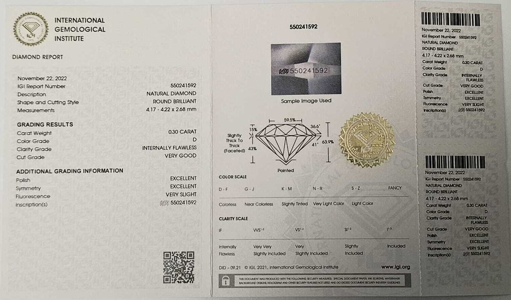 No Reserve Price - 1 pcs Diamond  (Natural)  - 0.30 ct - Round - D (colourless) - IF - International Gemological Institute (IGI) #4.3