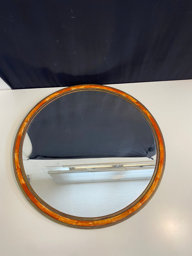 Specchiera  - Bambù, Rame - Specchio rotondo vintage cornice realizzata in rame con intarsi in bambù naturale #2.1