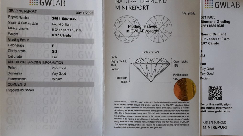 No Reserve Price - 1 pcs Diamond  (Natural)  - 0.97 ct - Round - F - SI3 - Gemewizard Gemological Laboratory (GWLab) #4.3