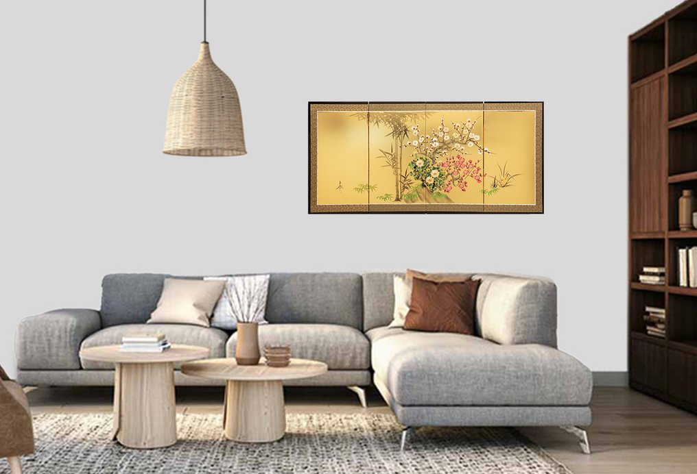 Byōbu屏風 - 紙, 木, 一幅四扇金底折叠屏，描绘四季花卉 - 日本  (沒有保留價) #1.0