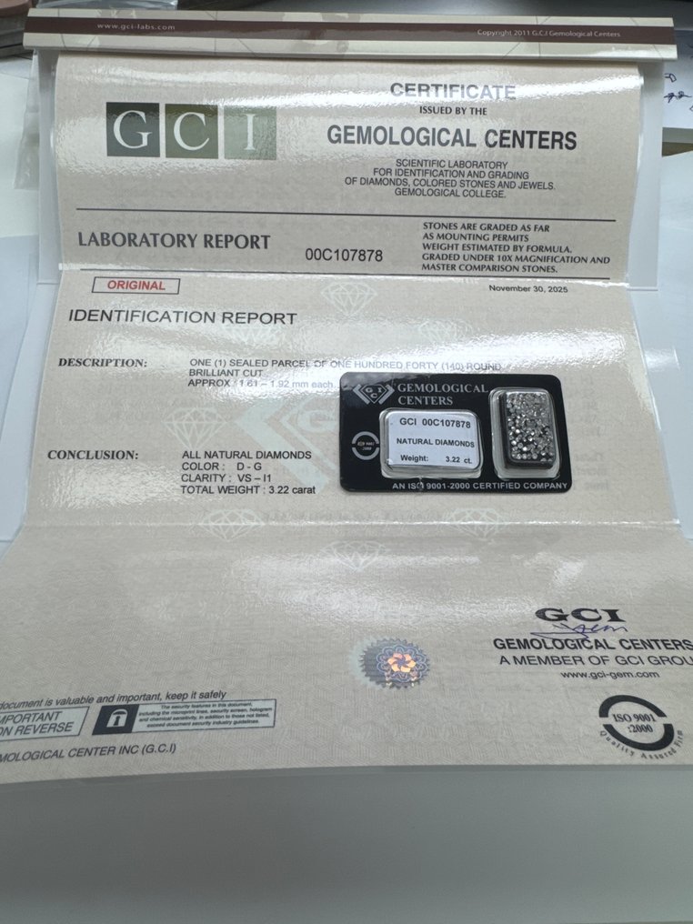 没有保留价 - 140 pcs 钻石  (天然)  - 3.22 ct - 圆形 - D (无色), E, F, G - VS2 轻微内含二级, SI1 微内含一级, I1 内含一级, VS1 轻微内含一级, SI2 微内含二级 - 以色列宝石中心（G.C.I.） #2.1