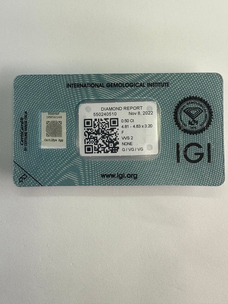 Nincs minimálár - 1 pcs Gyémánt (Természetes) - 0.50 ct - Kerek - F - VVS2 - Nemzetközi Gemmológiai Intézet (IGI) #1.0