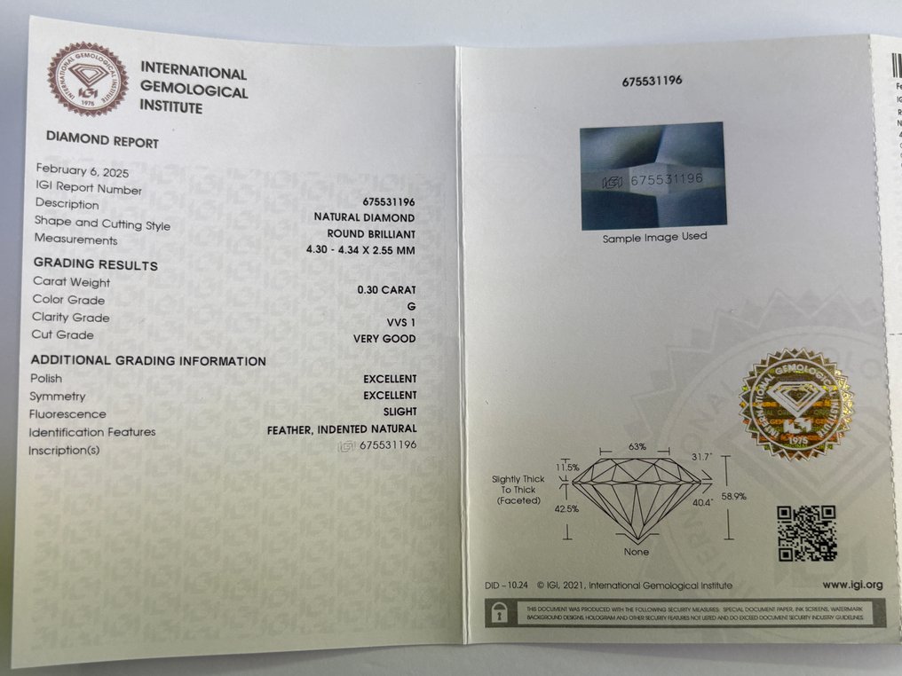 No Reserve Price - 1 pcs Diamond (Natural) - 0.30 ct - Round - G - VVS1 - International Gemological Institute (IGI) #2.1