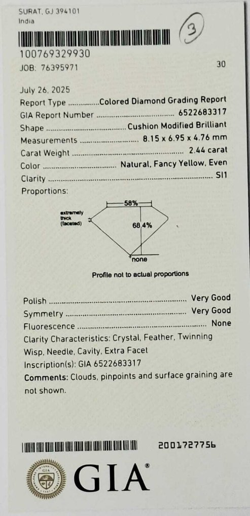 1 pcs Timantti  (Luonnonvärinen)  - 2.44 ct - Cushion (pyöristetty neliö) - Fancy Keltainen - SI1 - Amerikan gemologinen instituutti (GIA) #3.2