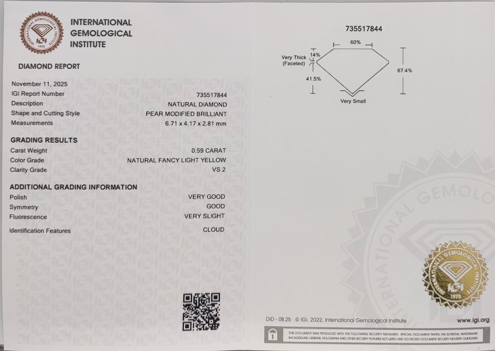 没有保留价 - 1 pcs 钻石  (天然色彩的)  - 0.59 ct - 梨形 - Fancy light 黄色 - VS2 轻微内含二级 - 国际宝石研究院（IGI） #4.3