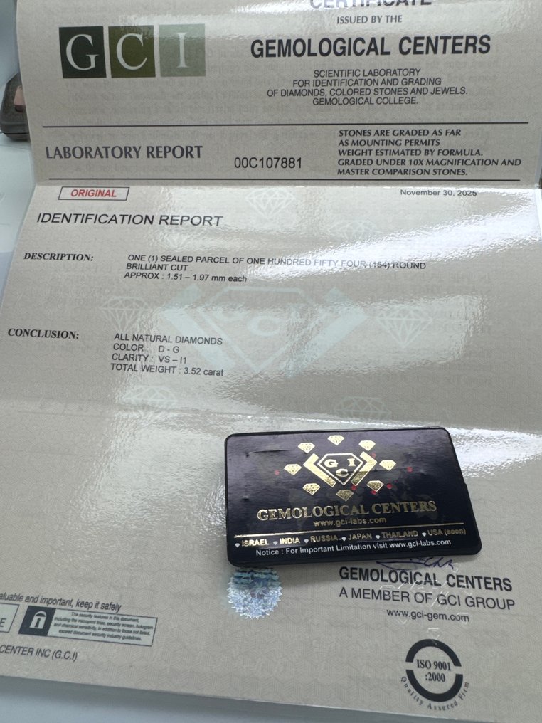 没有保留价 - 154 pcs 钻石 (天然) - 3.52 ct - 圆形 - D (无色), E, F, G - VS1 轻微内含一级, I1 内含一级, VS2 轻微内含二级 - 以色列宝石中心(G.C.I.) #3.2