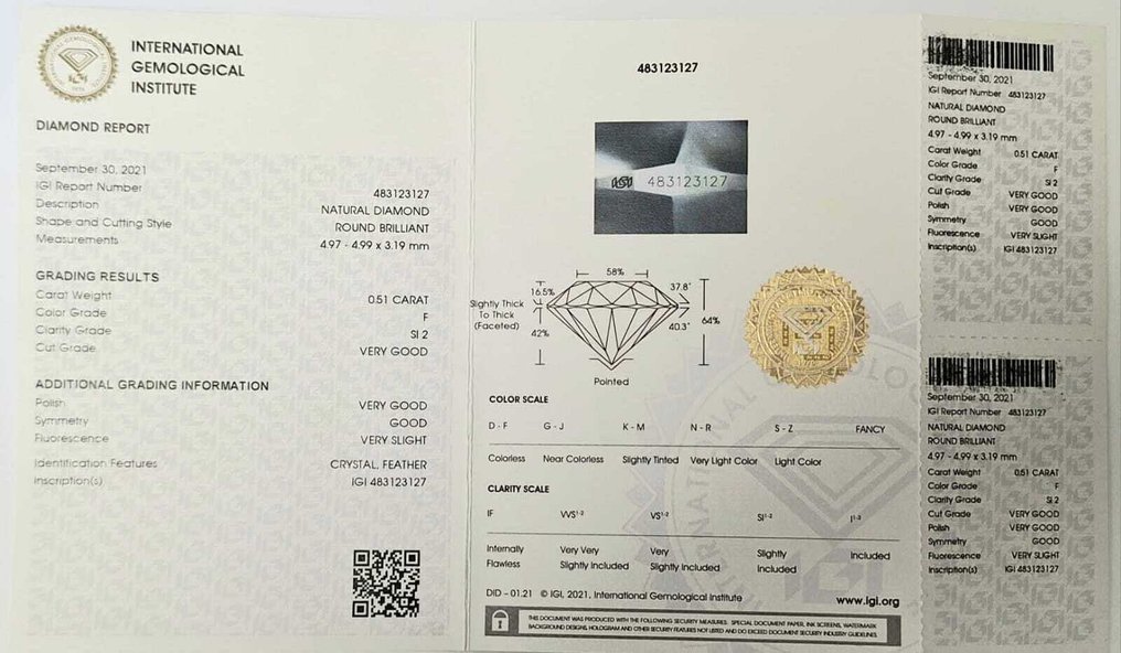 1 pcs Diamond (Natural) - 0.51 ct - Round - F - SI2 - International Gemological Institute (IGI) #1.0