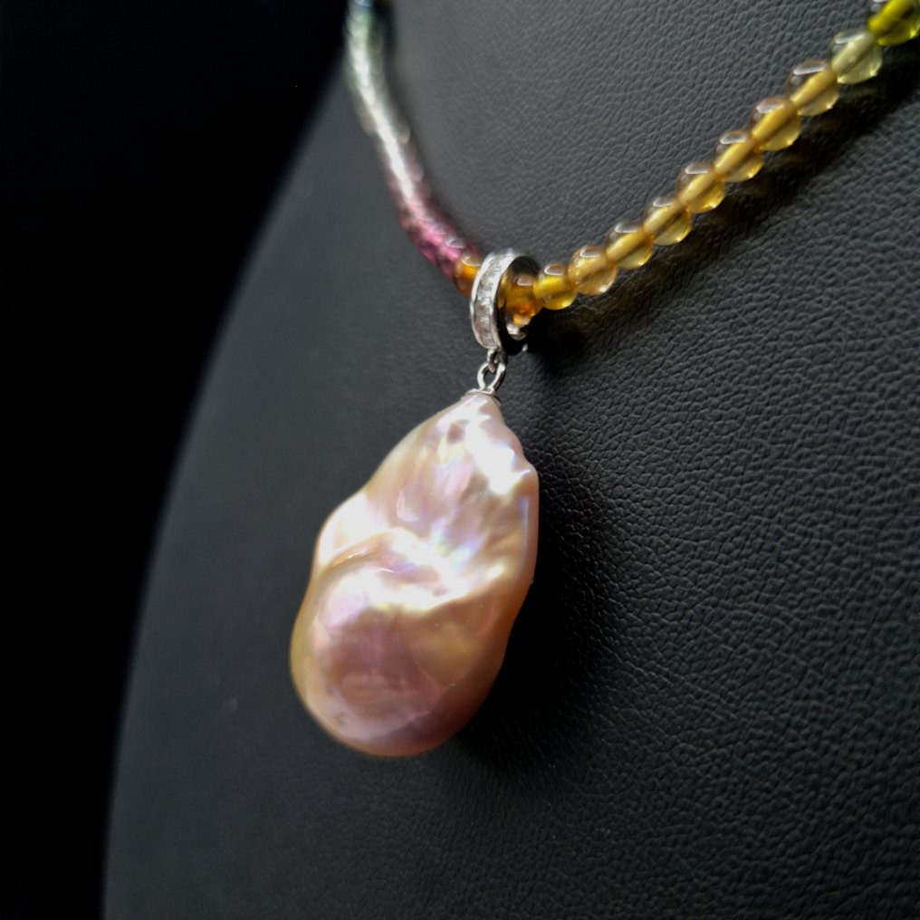 Μαργαριτάρι - Ασημί, Κολιέ με χάντρες Tourmaline με μεγάλο κόσμημα από μαργαριτάρι μπαρόκ γλυκού νερού - Κολιέ με μενταγιόν #2.1