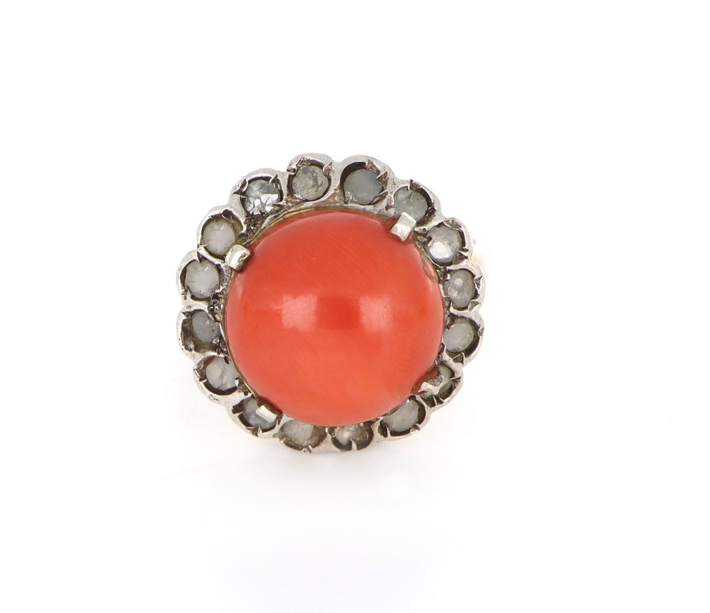 没有保留价 - 戒指 - 14K包金 白金, 银 -  5.00ct. tw. 珊瑚 - 钻石 #1.0