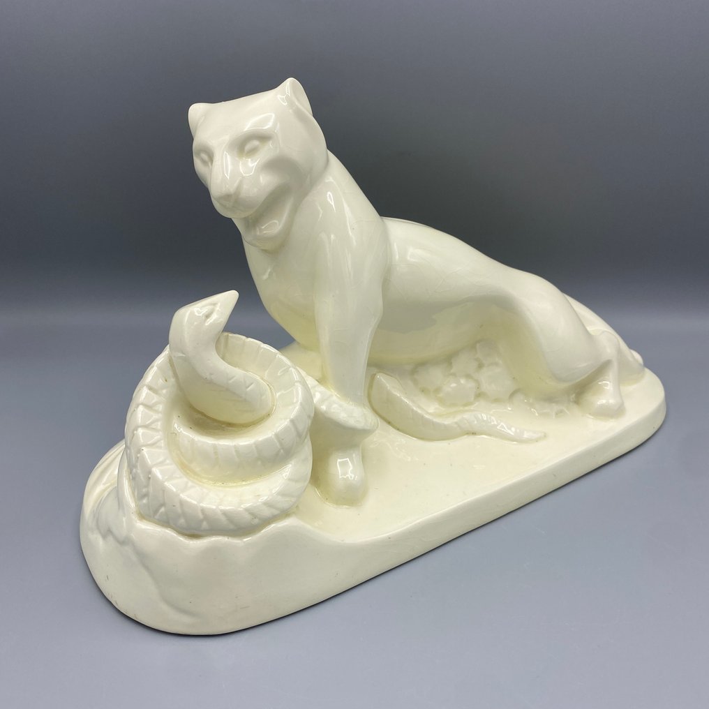 Charles Catteau - Szobor, Une panthère qui combat un serpent - 21 cm - Craquelés - 1930 #1.0