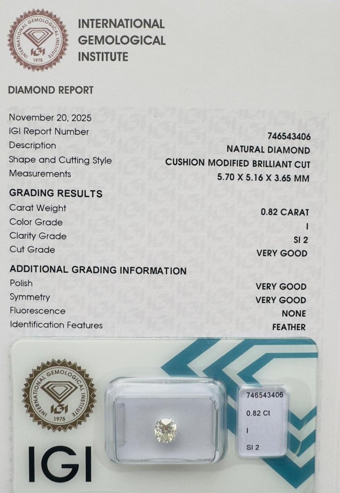 χωρίς τιμή ασφαλείας - 1 pcs Διαμάντι  (Φυσικό)  - 0.82 ct - Κούσιον - I - SI2 - International Gemological Institute (IGI) - *VG None* #1.0