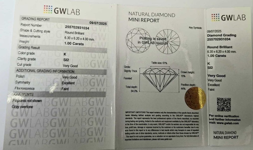 1 pcs Diamant (Naturelle) - 1.00 ct - Rond - K - SI2 - Gemewizard Gemological Laboratory (GWLab) #1.0