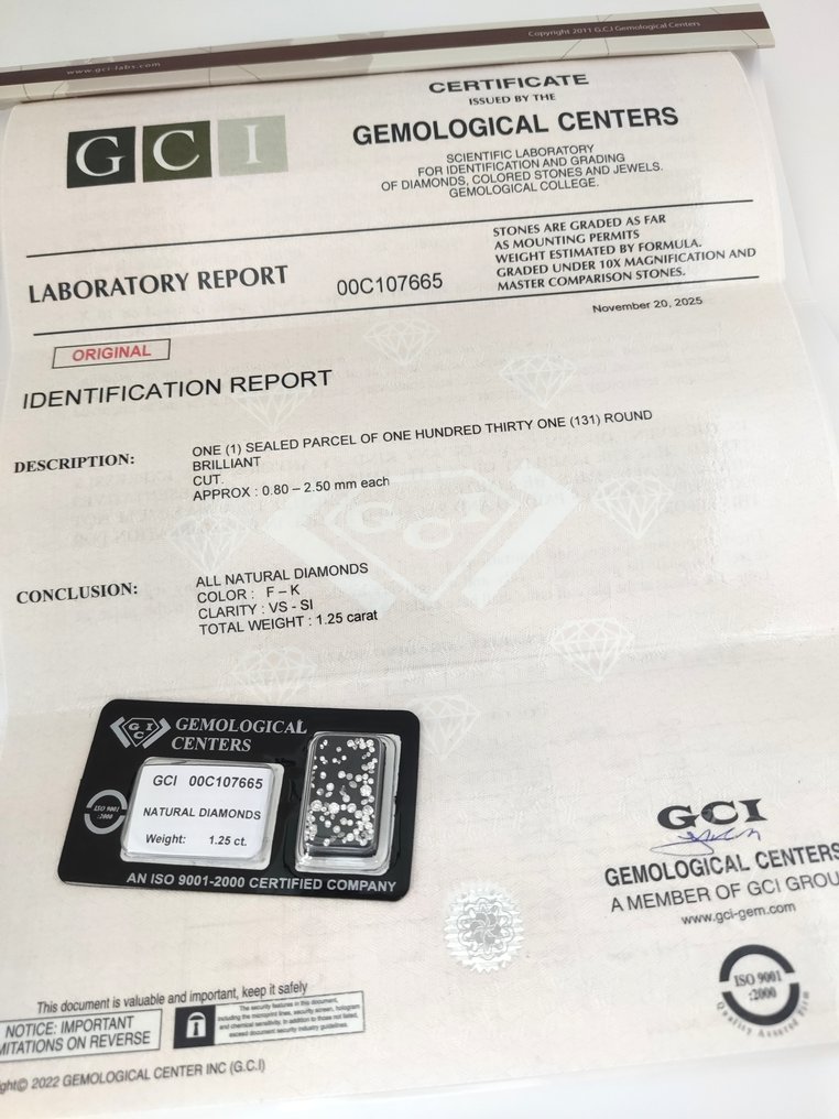 没有保留价 - 131 pcs 钻石  (天然)  - 1.25 ct - 圆形 - F, K - VS1 轻微内含一级, SI1 微内含一级 - 以色列宝石中心（G.C.I.） - 单次切割 #1.0