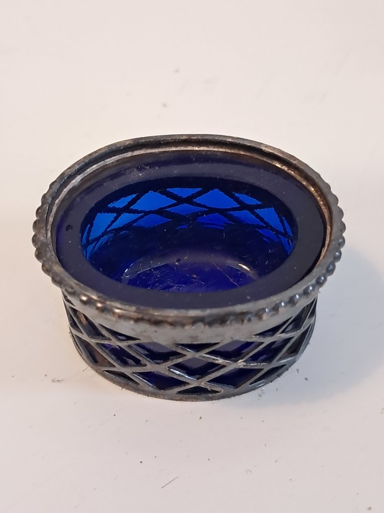 微型人物 - Set miniature in argento 800 con ciotolina blu e cesto di fiori  (4) - 银, 玻璃 #2.1