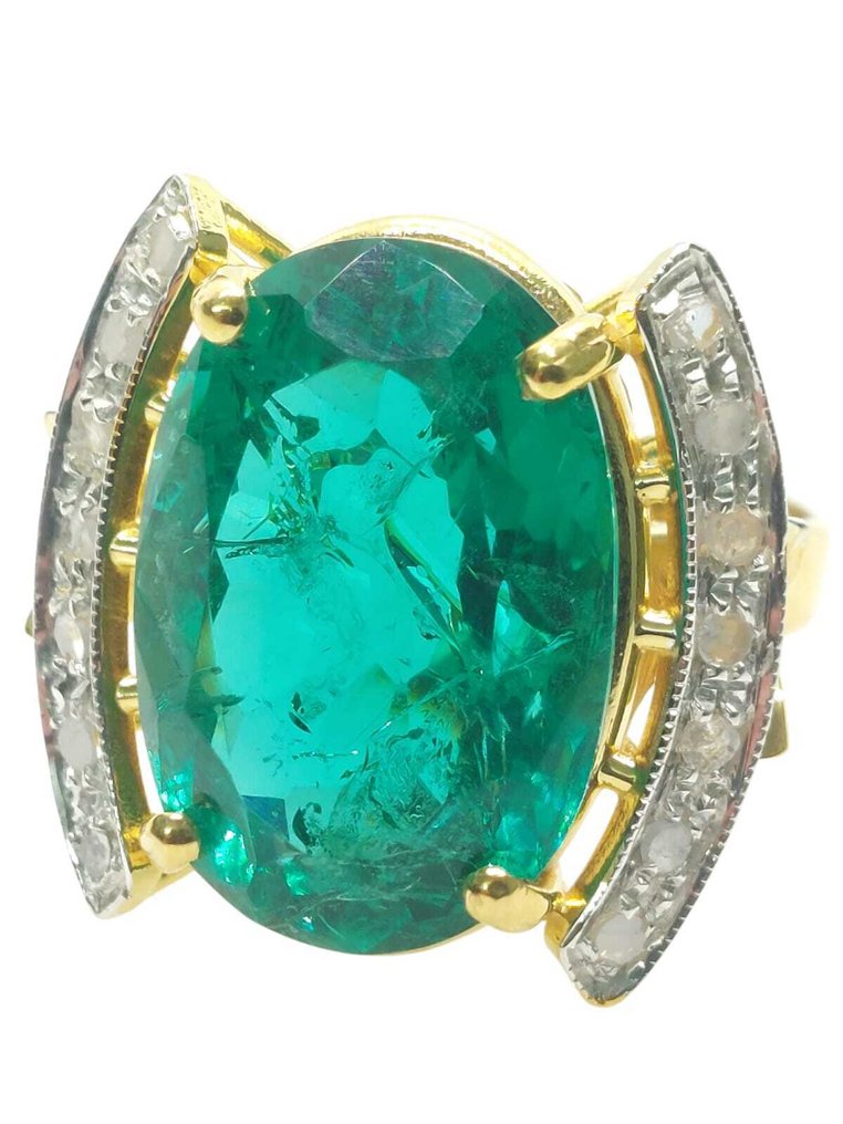 没有保留价 - 戒指 - 9 kt. 银, 黄金 祖母绿 - 钻石 #1.0