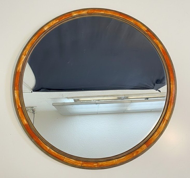 Specchiera  - Bambù, Rame - Specchio rotondo vintage cornice realizzata in rame con intarsi in bambù naturale #1.0