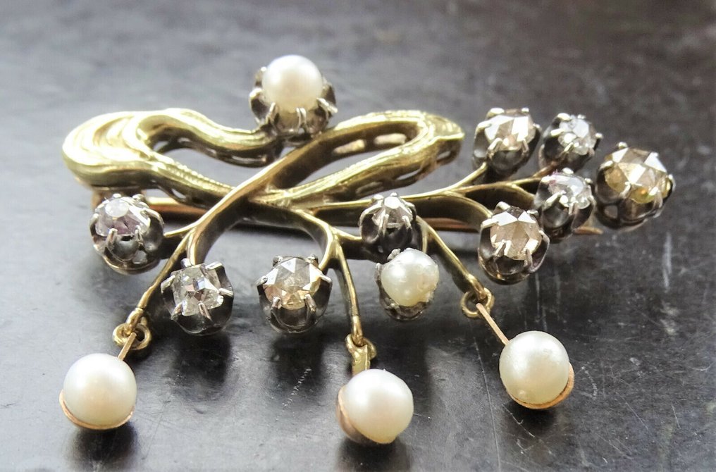 没有保留价 - 胸针 - 14K包金 黄金 - 0.50ct. tw. 钻石 (天然) - 珍珠 - 古典新艺术 #1.0