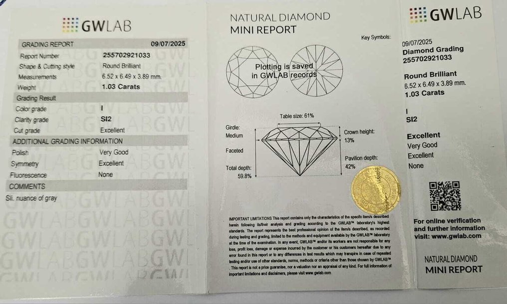 1 pcs Διαμάντι (Φυσικό) - 1.03 ct - Στρογγυλό - I - SI2 - Gemewizard Gemological Laboratory (GWLab) #4.3