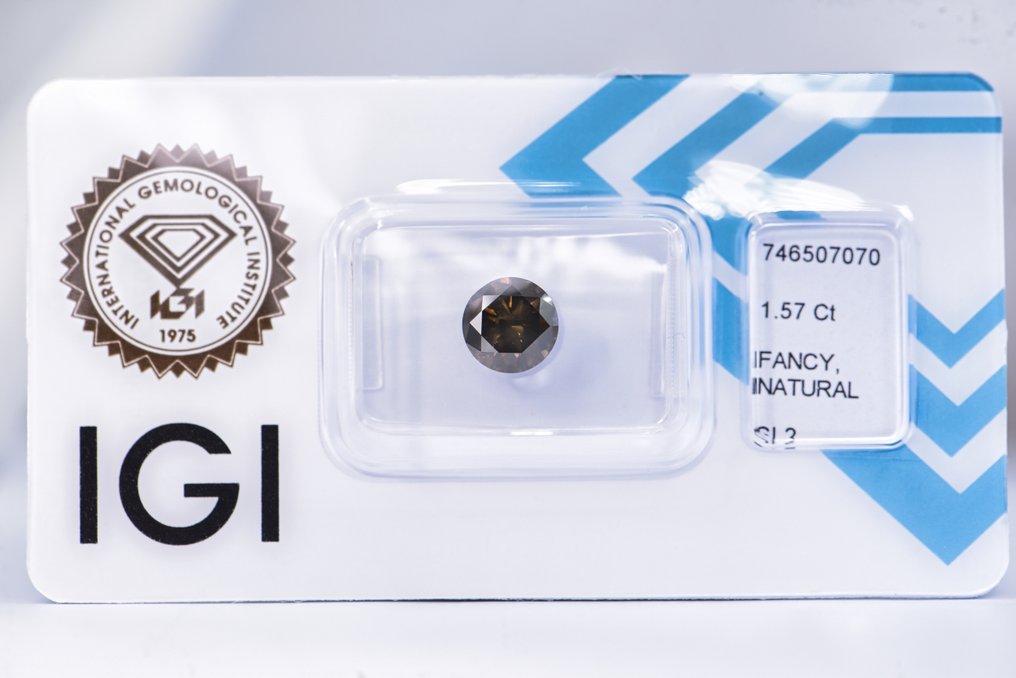 沒有保留價 - 1 pcs 鑽石  (天然彩色)  - 1.57 ct - 圓形 - Fancy dark 淡綠色, 淡褐色 黃色 - SI2 - 國際寶石學院（International Gemological Institute (IGI)） - VG #1.0