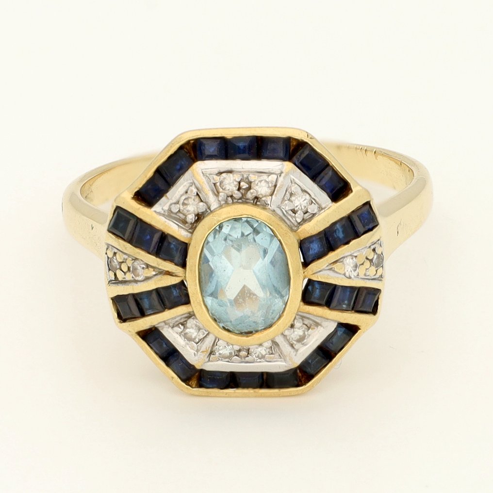 戒指 - 18K包金 黄金, 白金 钻石 (天然)  - 尖晶石-蓝宝石 #1.0
