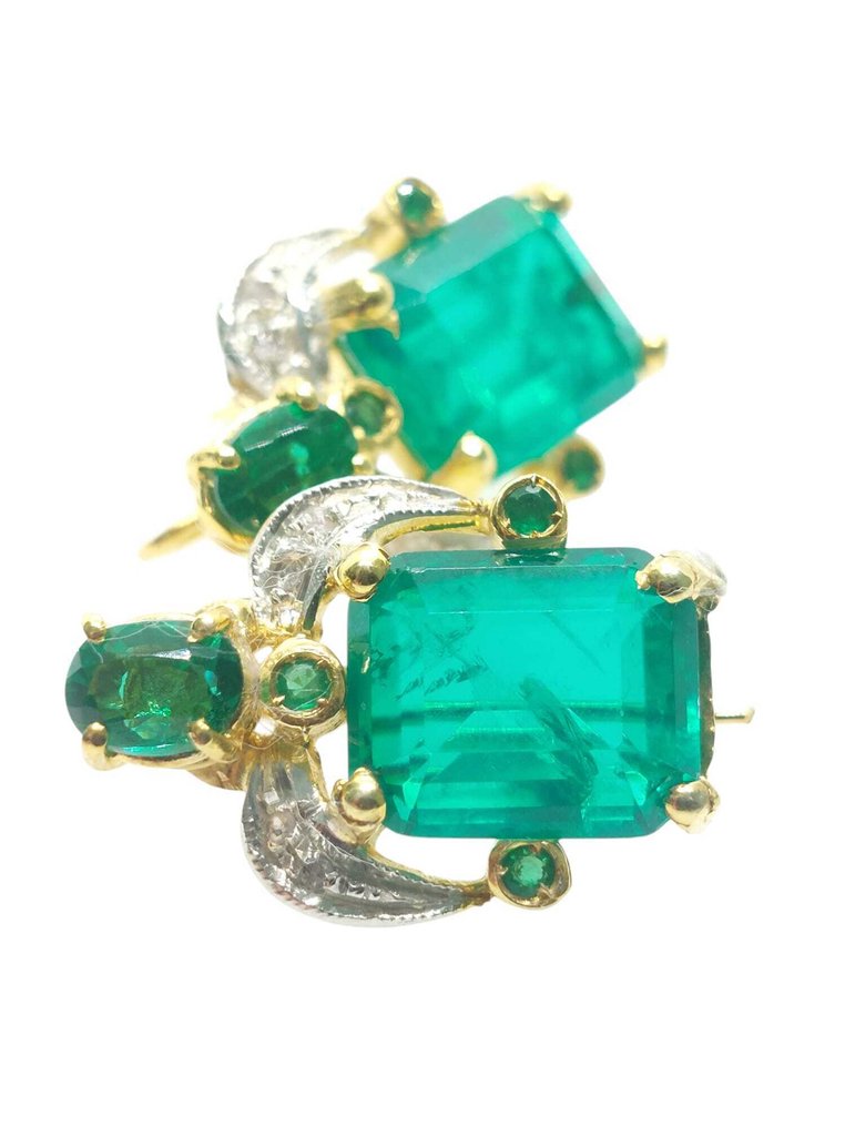 Fără preț de rezervă - Cercei - 9 kt. Argint, Aur galben Smarald - Pietre prețioase mixte #4.3