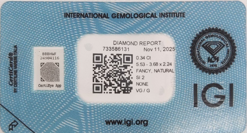 没有保留价 - 1 pcs 钻石  (天然色彩的)  - 0.34 ct - 椭圆形 - Fancy 黄色 - SI2 微内含二级 - 国际宝石研究院（IGI） #2.1