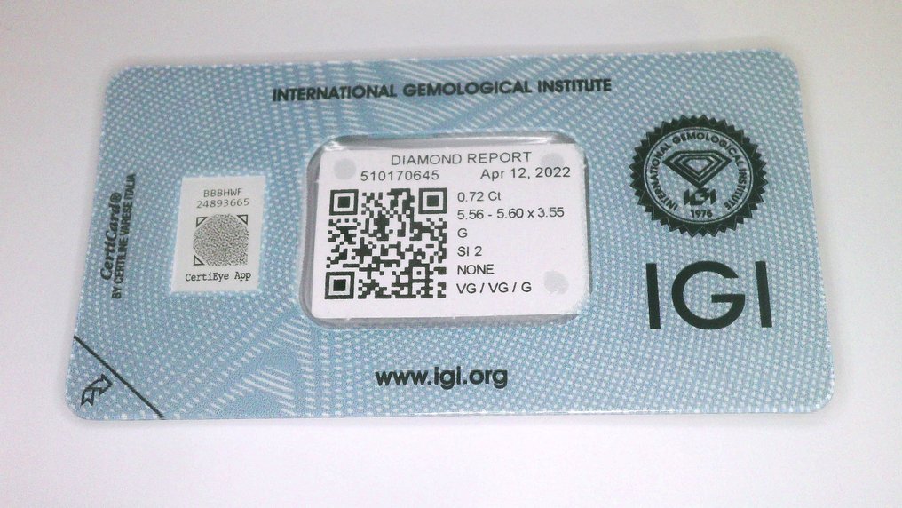 1 pcs Diamond (Natural) - 0.72 ct - Round - G - SI2 - International Gemological Institute (IGI) #1.0