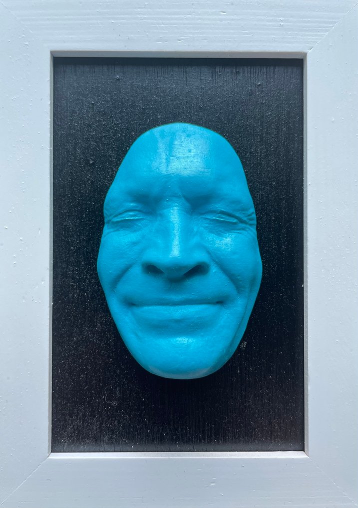 gregos - Small blue light smile on black background-white frame #1.0