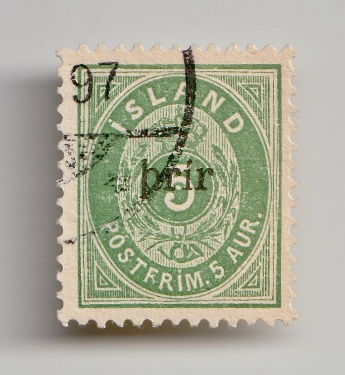 Iceland 1897 - Prir certificate – 5 Aur green, oval edition, with black print "prír" in large letters. - Michel 19BI / AFA 19BI / Facit 37 #1.0