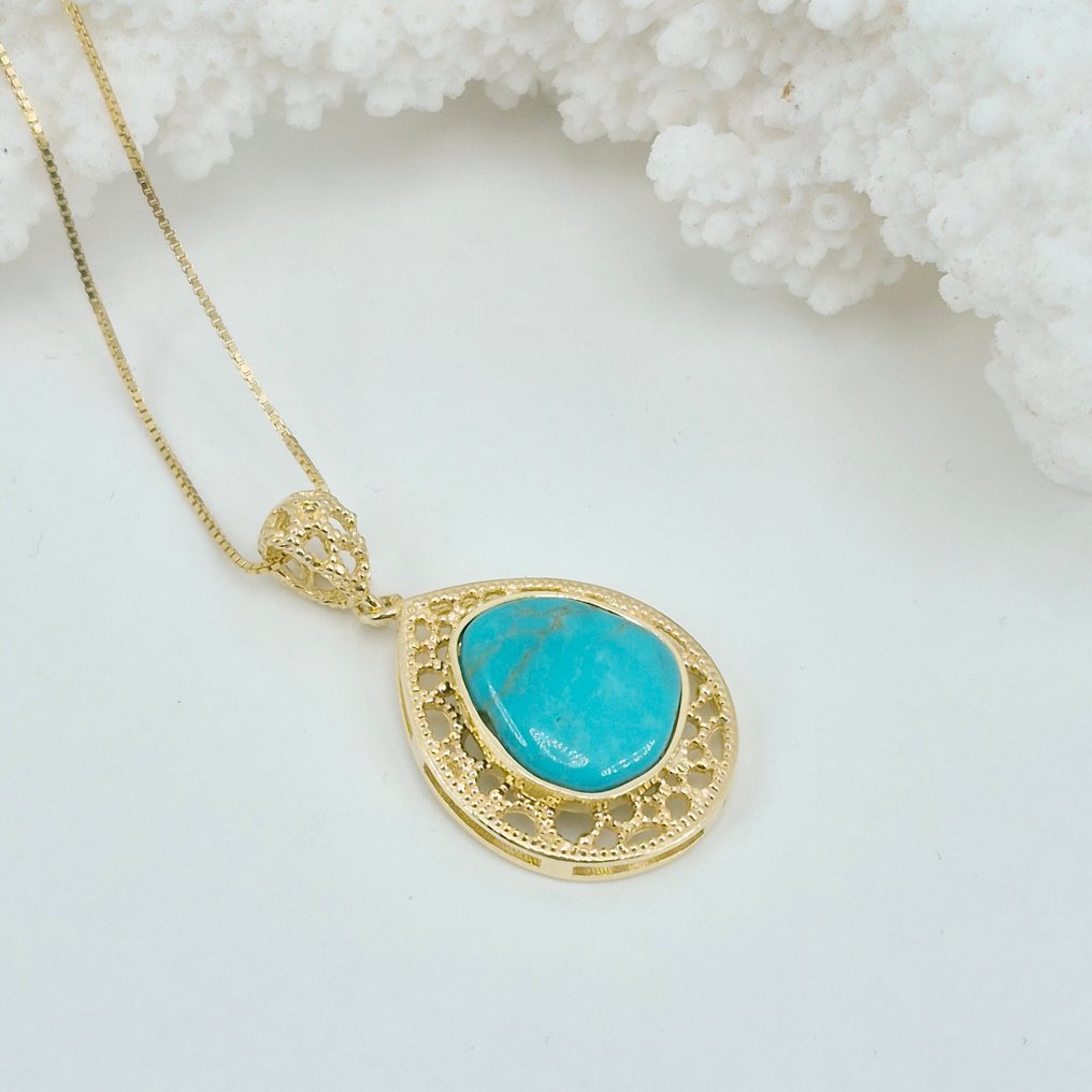 綠松石 - 銀, 鍍金 - 吊墜頸鏈 - 美国奶油色 #4.3