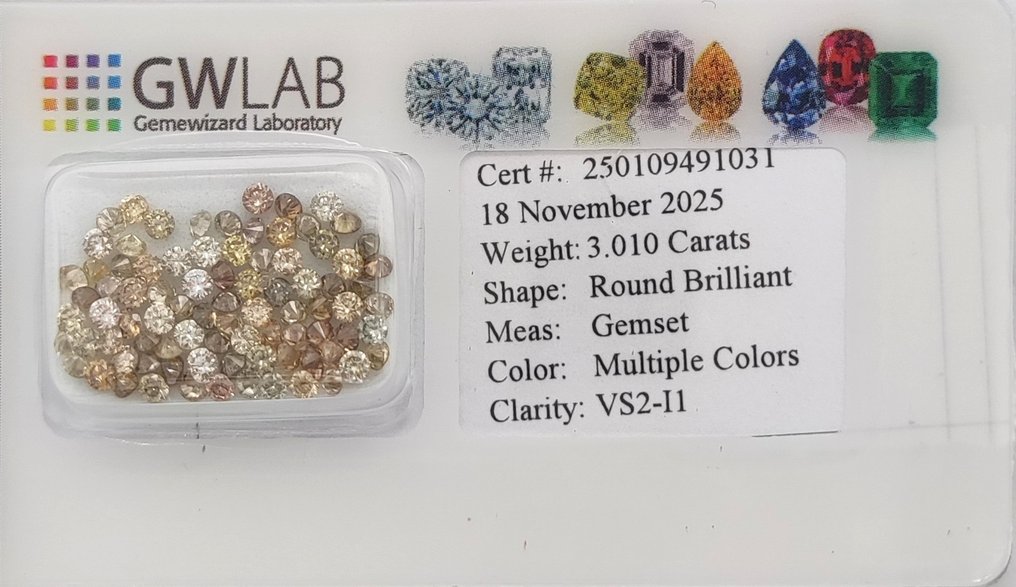 Utan reservationspris - 85 pcs Diamant (Naturligt färgad) - 3.01 ct - Rund Blandade färger - VS2, I1 - Gemewizard Gemological Laboratory (GWLab) #2.1