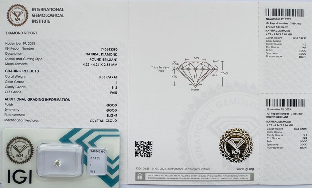没有保留价 - 1 pcs 钻石 (天然) - 0.33 ct - 圆形 - I - SI2 微内含二级 - 国际宝石研究院(IGI) #2.1