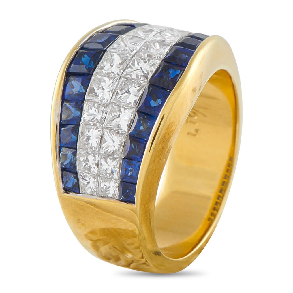 Bague - 18 carats Bague en or jaune 18 carats, diamant de 2,22 ct et saphir, Or jaune - 3.92ct. tw. Diamant (Naturelle) #1.0