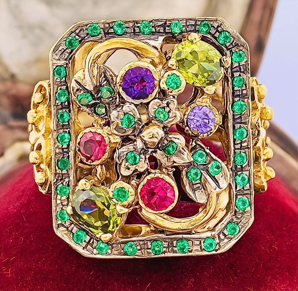 沒有保留價 - 戒指 - 9 節 黃金, 銀 混合寶石 #1.0