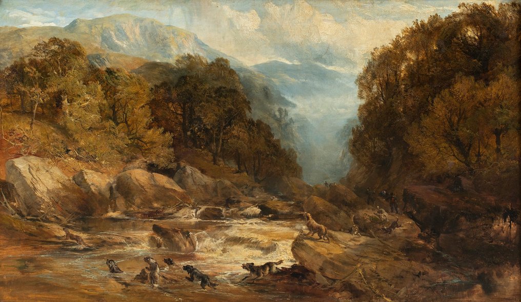 English school (XIX) - Landscape with Hunters and Dogs #3.2