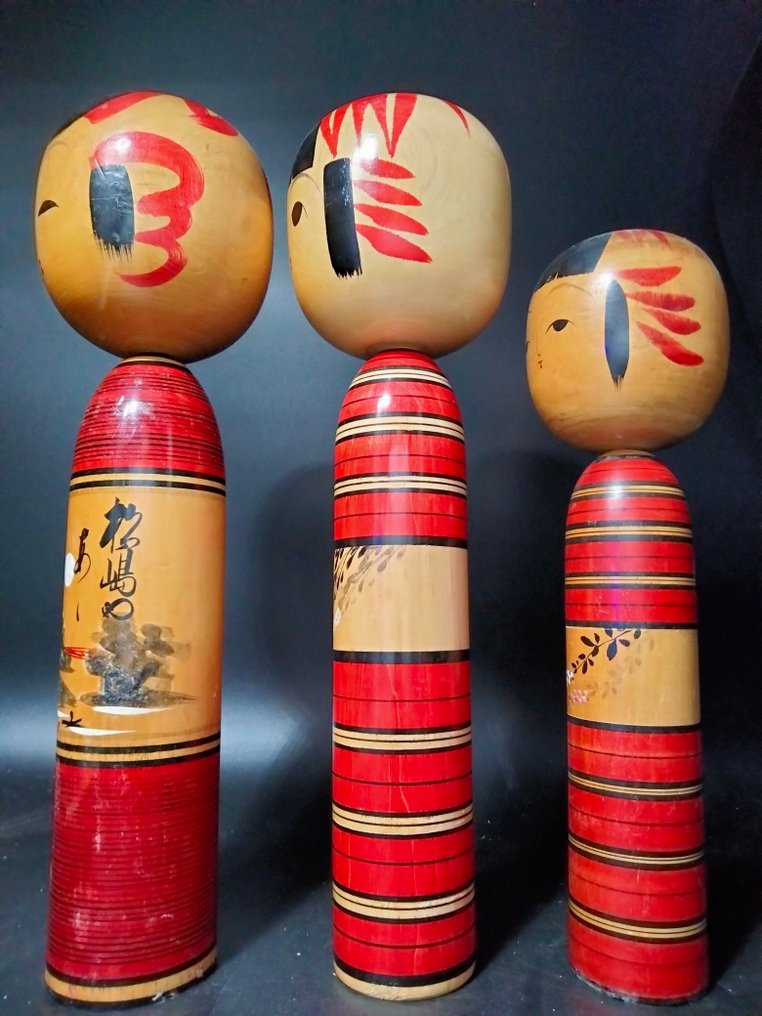 Isao Sasaki - 小雕像, Zes moderne, karaktervolle kokeshi shingata - stijl (volkskunst) - 36 cm - 木 #2.1