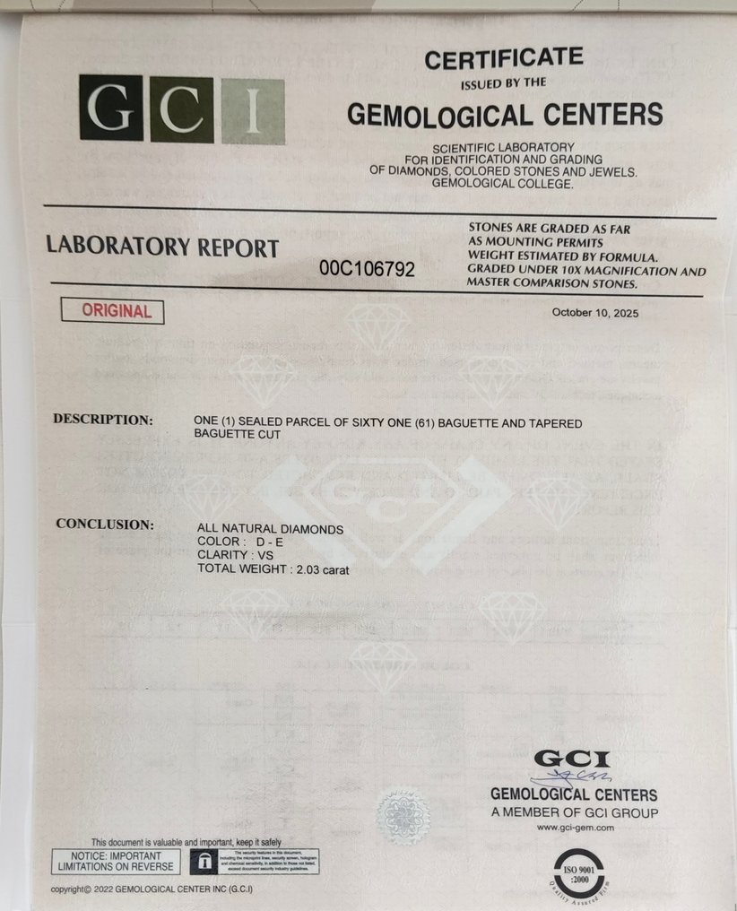 没有保留价 - 61 pcs 钻石  (天然)  - 2.03 ct - 锥形 - D (无色), E - VS1 轻微内含一级 - 以色列宝石中心（G.C.I.） - Baguette 和锥形 #2.1